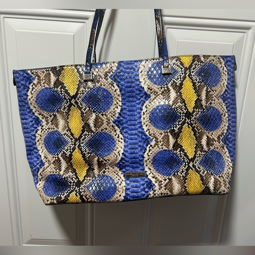 Christian Siriano Large Blue and Yellow Snake Print Tote Like New